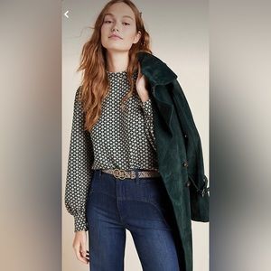 Anthropologie Green Geometric Patterned Balloon-Sleeved Top Sweater